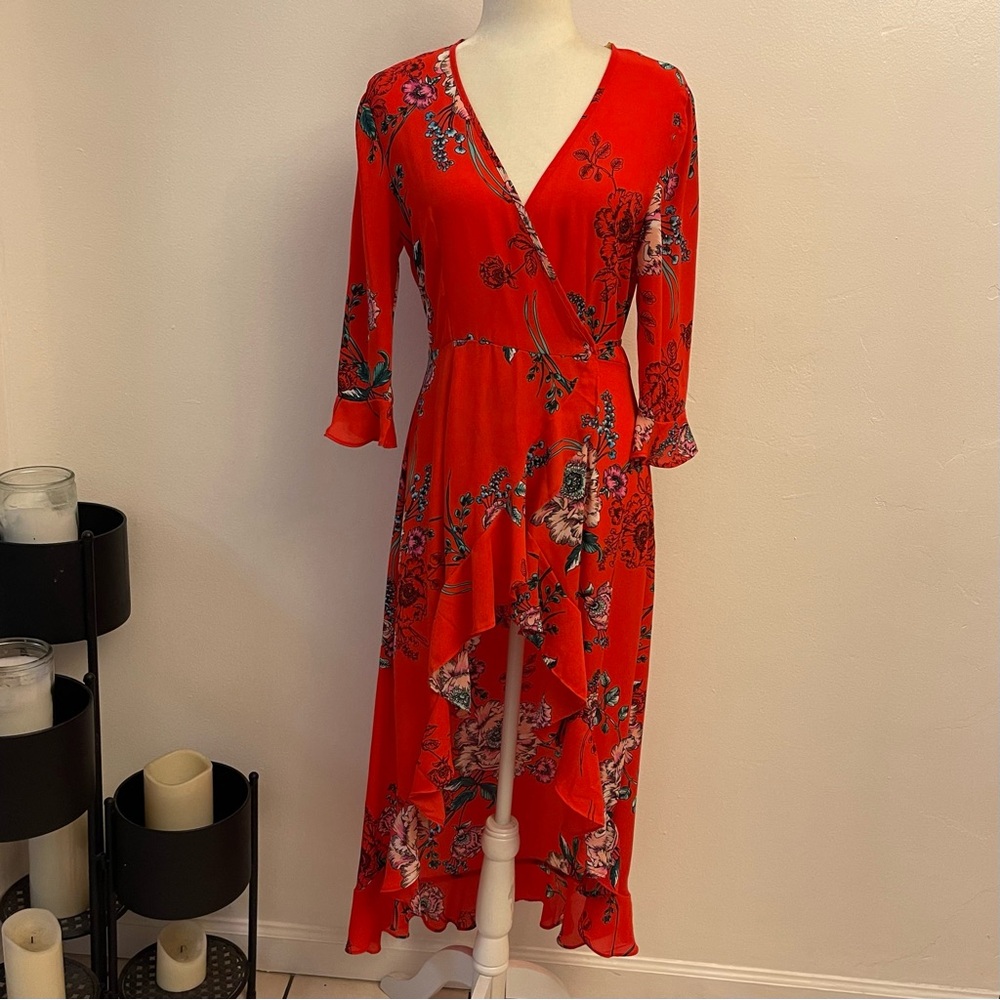 Fashion Nova Women’s Medium Floral Red Wrap Dress Peasant High Low Cover Up